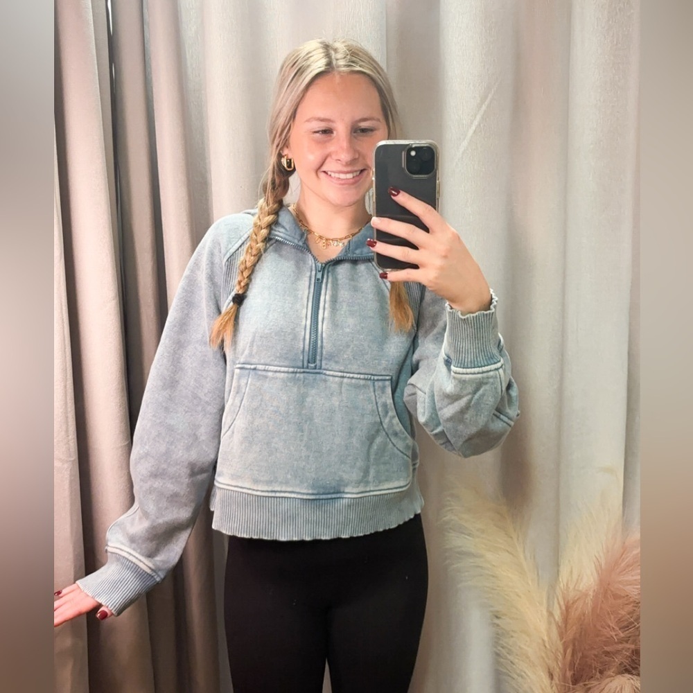 ZENANA BLUE GREY ACID WASHED HALF ZIP FLEECE HOODIE KANGAROO POCKET